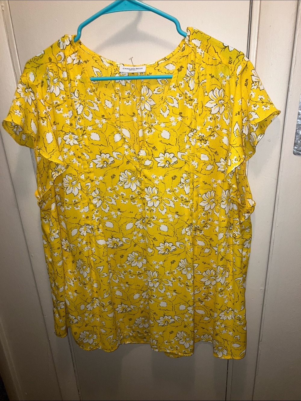 Carolina Belle Yellow Floral Flutter-Sleeve Blouse XL